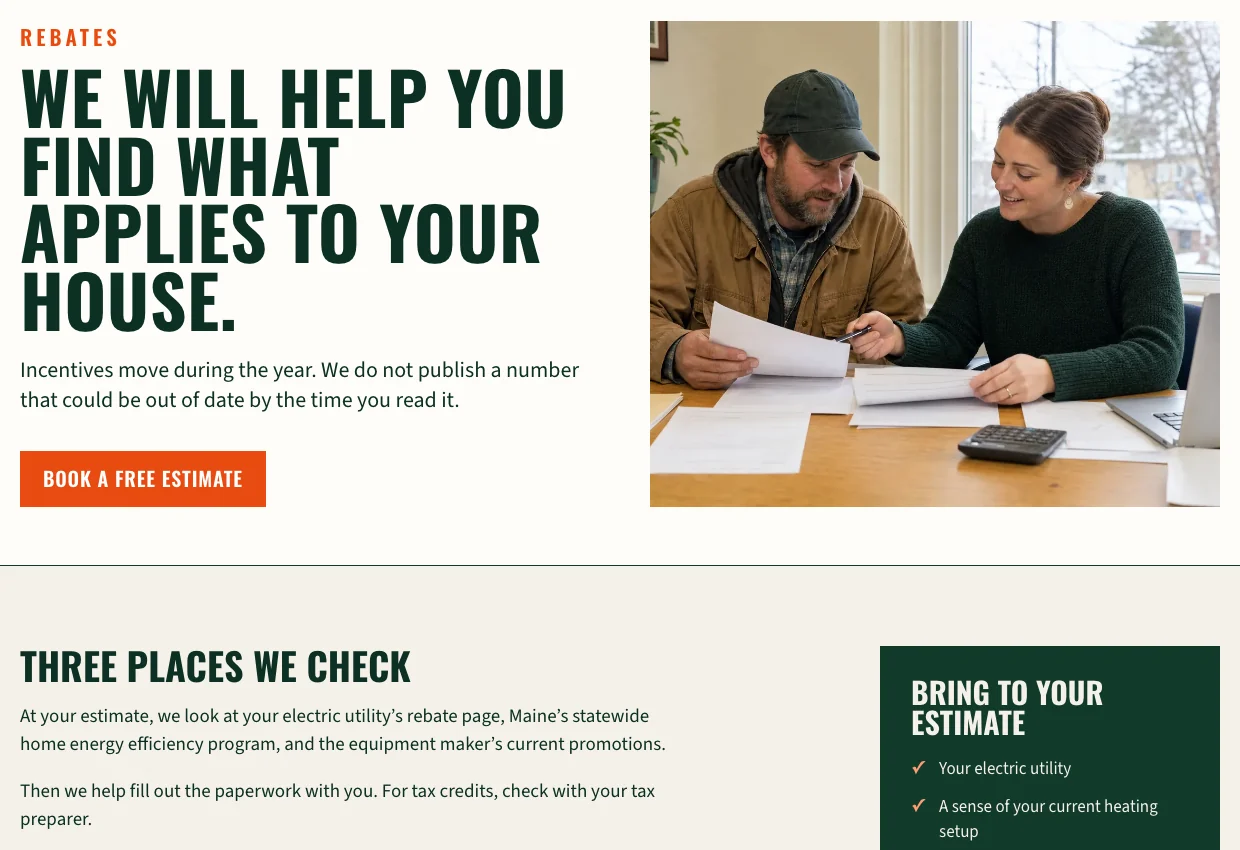 Vellacott Heat Pumps Rebates page, built by Theo: the headline We will help you find what applies to your house, a line saying it publishes no number that could go out of date, and Three places we check