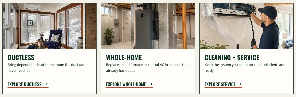Vellacott Heat Pumps home page, built by Theo: three cards, Ductless, Whole-home and Cleaning + Service, each with a photo, one line and an Explore link to its own page