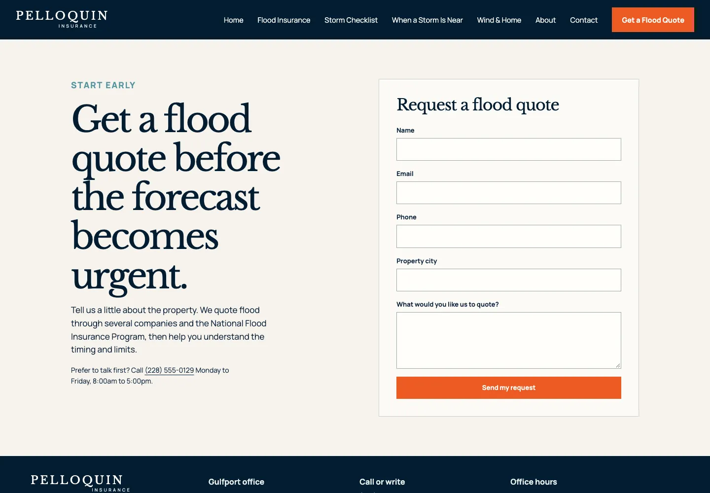 Flood quote page of Pelloquin Insurance, built by Theo