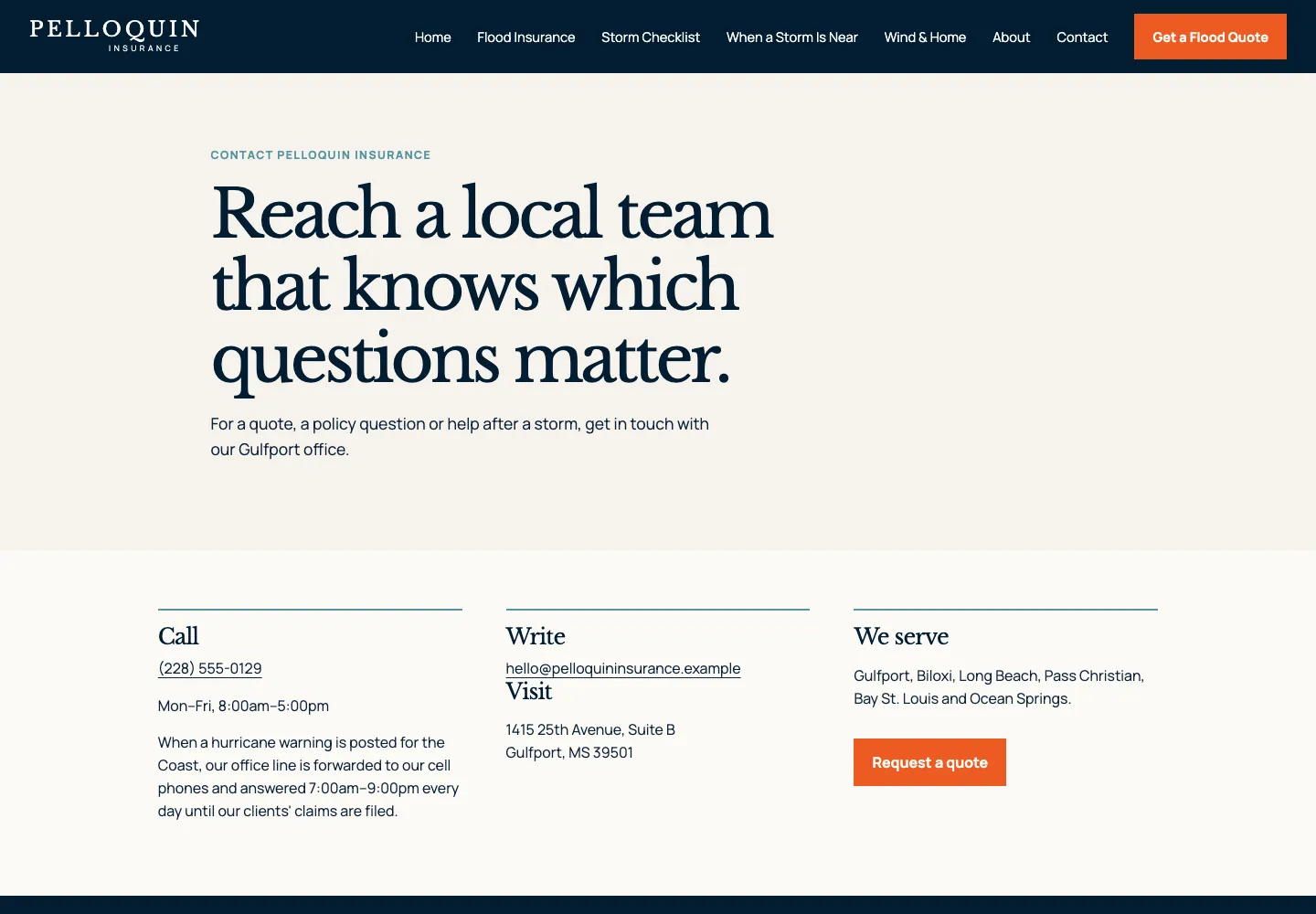 Pelloquin Insurance contact page, built by Theo: the heading Reach a local team that knows which questions matter, then Call, Write, Visit and We serve columns, with the hurricane warning line under the phone number and a Request a quote button