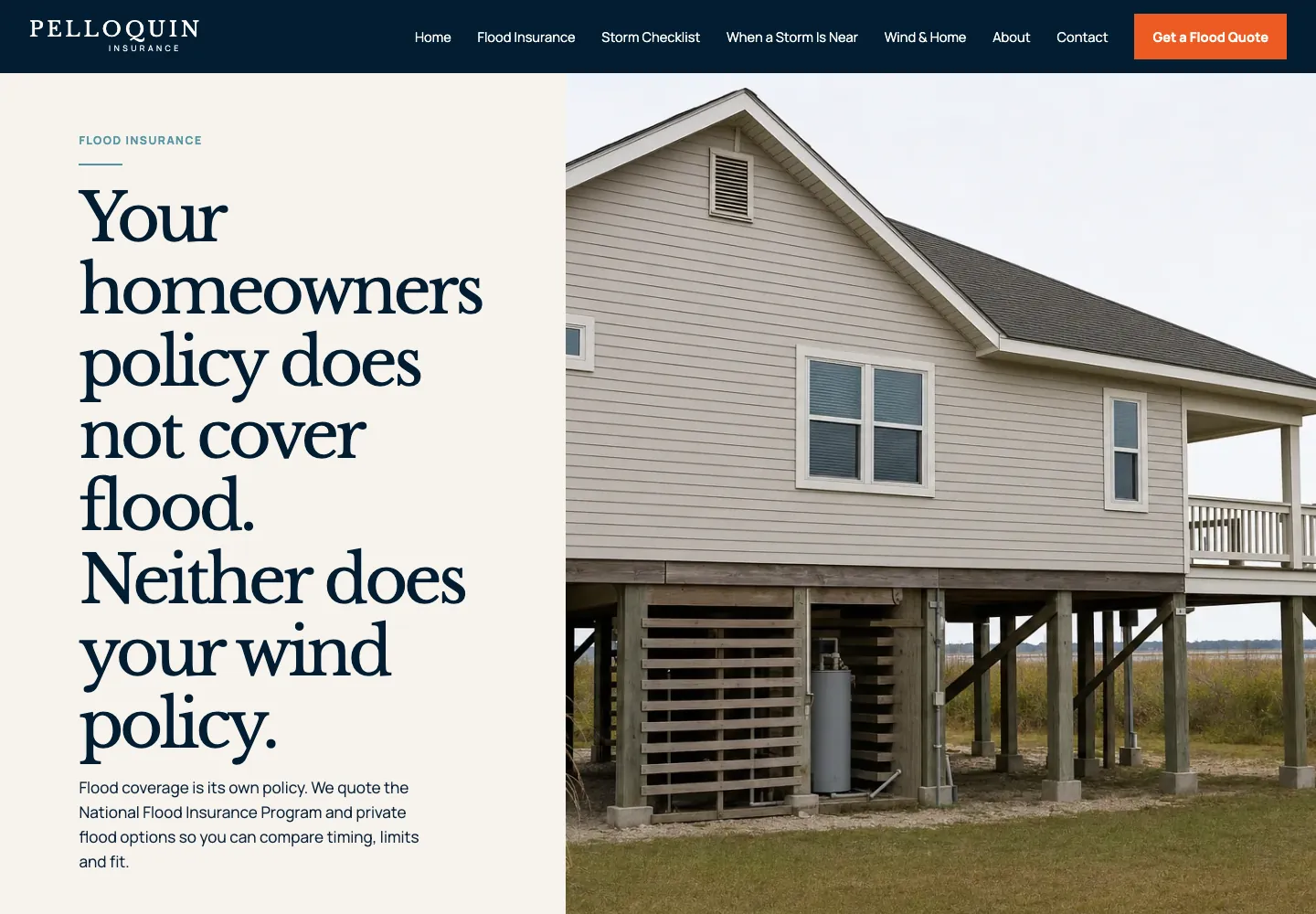Flood insurance page of Pelloquin Insurance, built by Theo