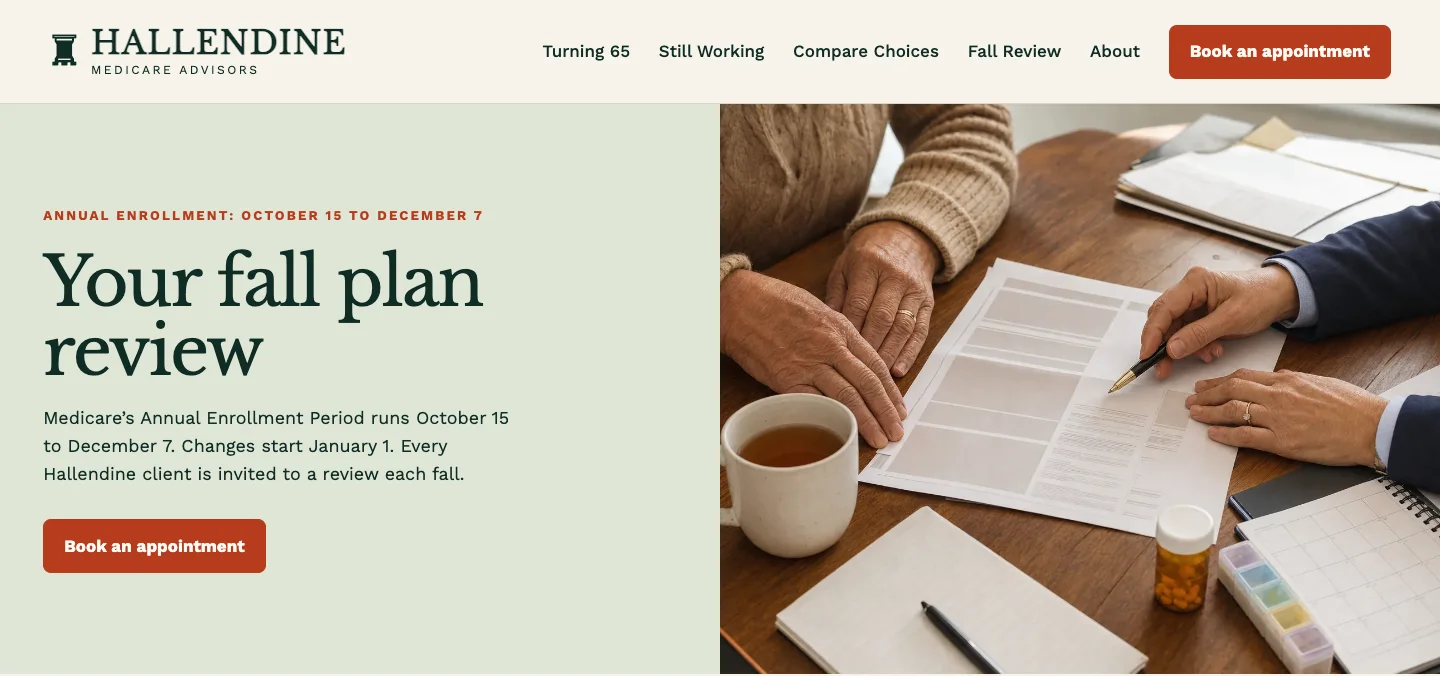 Hallendine Medicare Advisors Fall Review page, built by Theo: Your fall plan review, with the October 15 to December 7 enrollment dates and a Book an appointment button