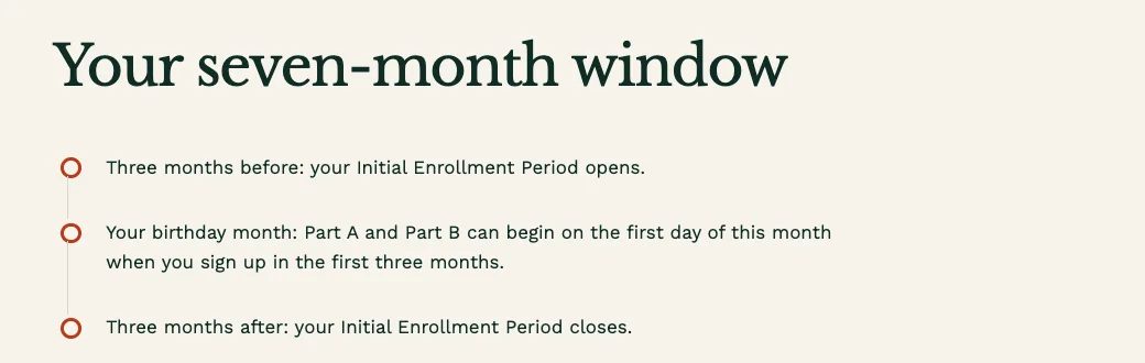 Hallendine Medicare Advisors Turning 65 page, built by Theo: Your seven-month window, from three months before the birthday month to three months after