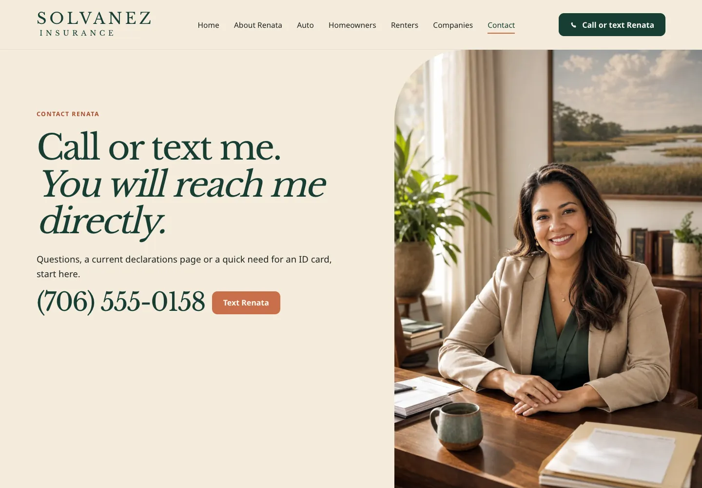 Solvanez Insurance contact page, built by Theo: the heading Call or text me. You will reach me directly, the phone number in large type with a Text Renata button, and a photo of the agent at her desk