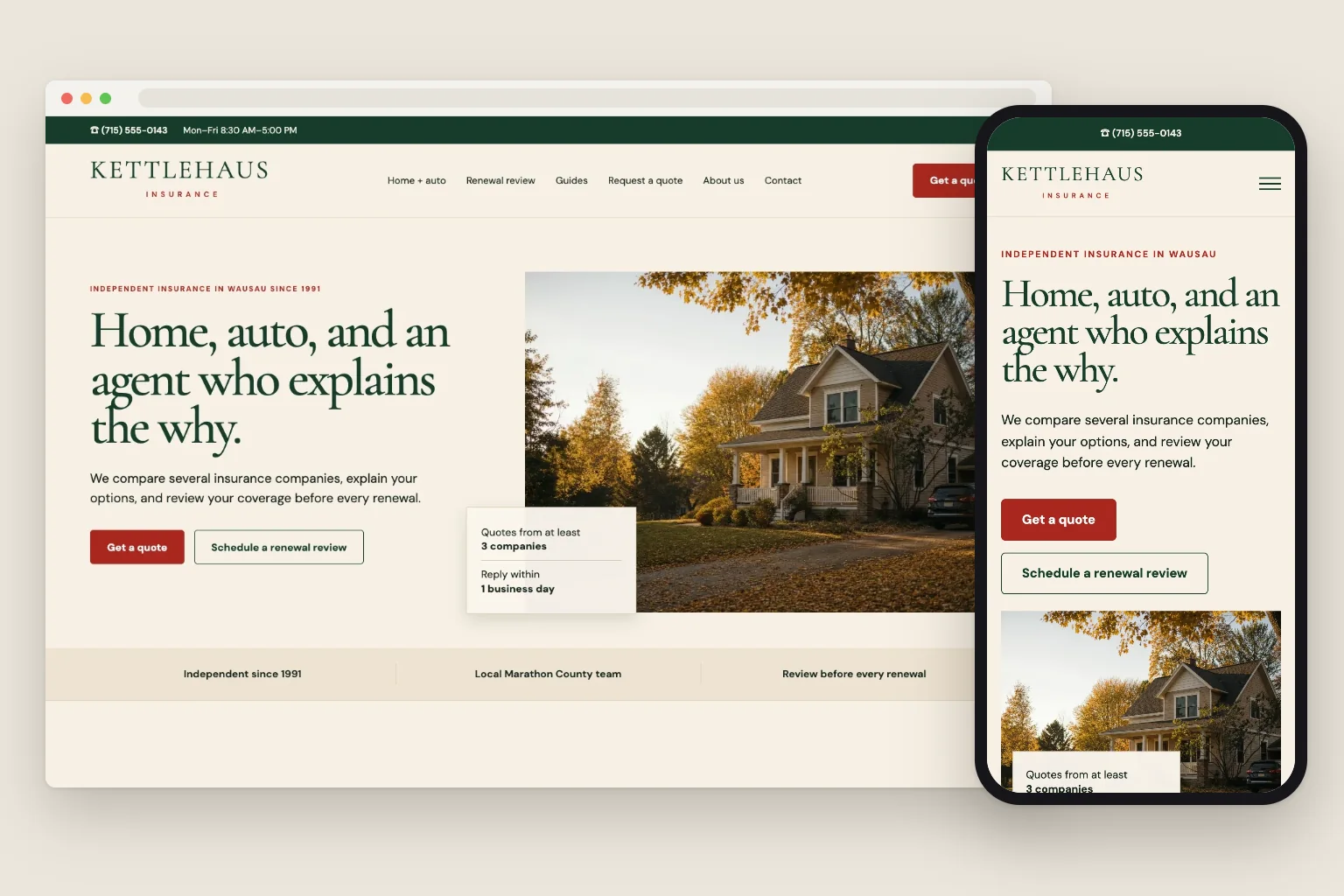 Kettlehaus Insurance home page on a computer and a phone, built by Theo