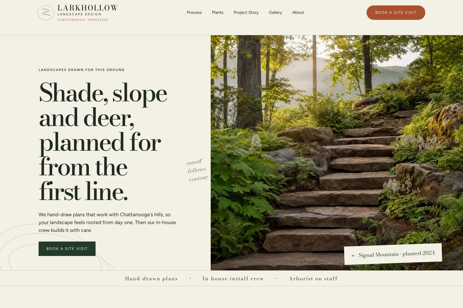 Larkhollow Landscape Design home page, built by Theo