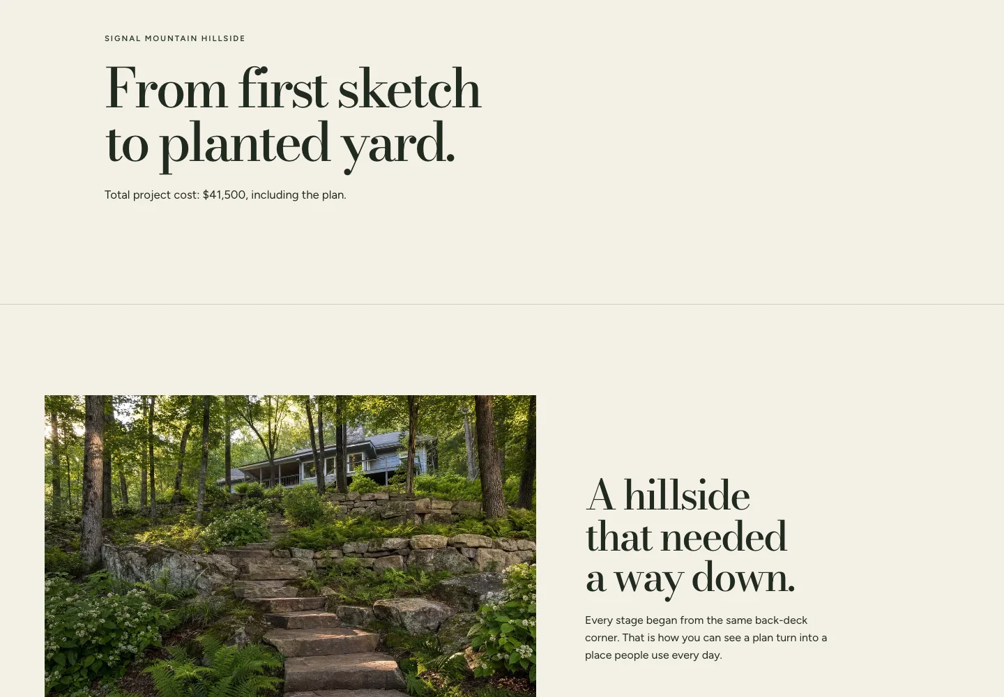 Larkhollow Landscape Design's project story, built by Theo, with the headline From first sketch to planted yard, the total project cost under it, and a photo of the finished hillside
