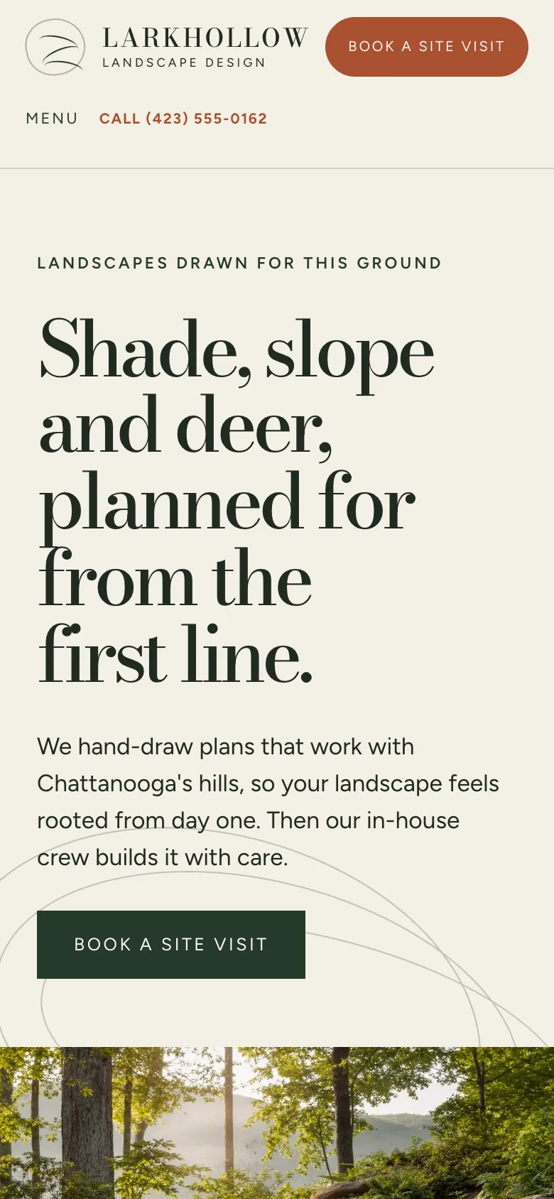 Larkhollow Landscape Design home page on a phone, built by Theo: Book a site visit in the header, the number beside the menu, and the headline about shade, slope and deer