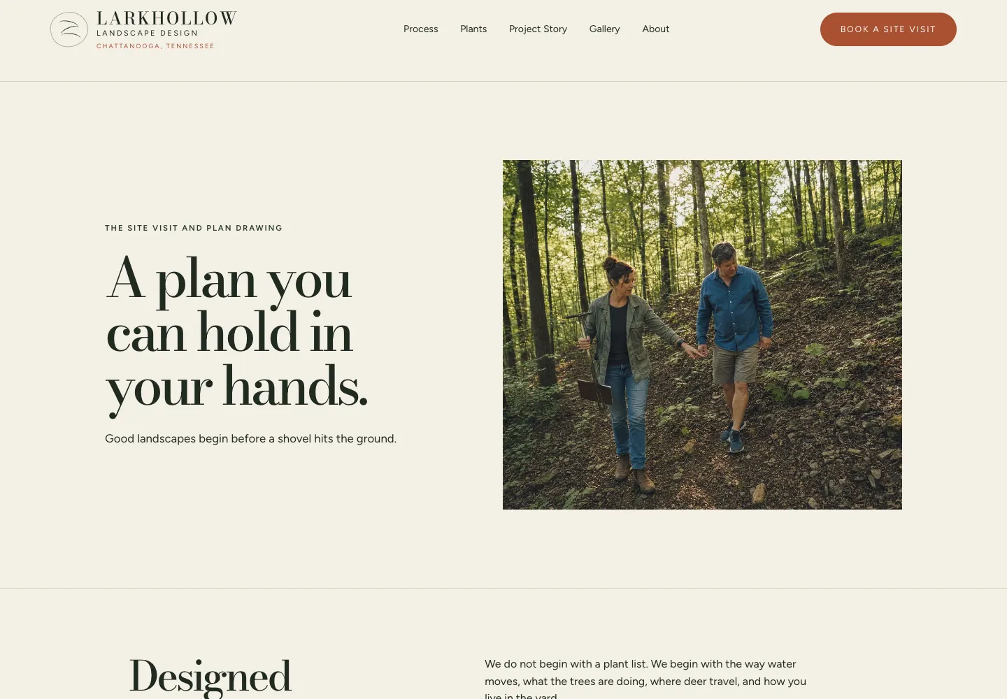 Larkhollow Landscape Design site visit and plan drawing page, built by Theo: the headline A plan you can hold in your hands and a Book a site visit button