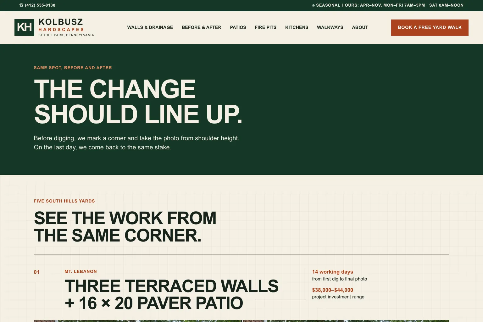 Before and after page of Kolbusz Hardscapes, built by Theo