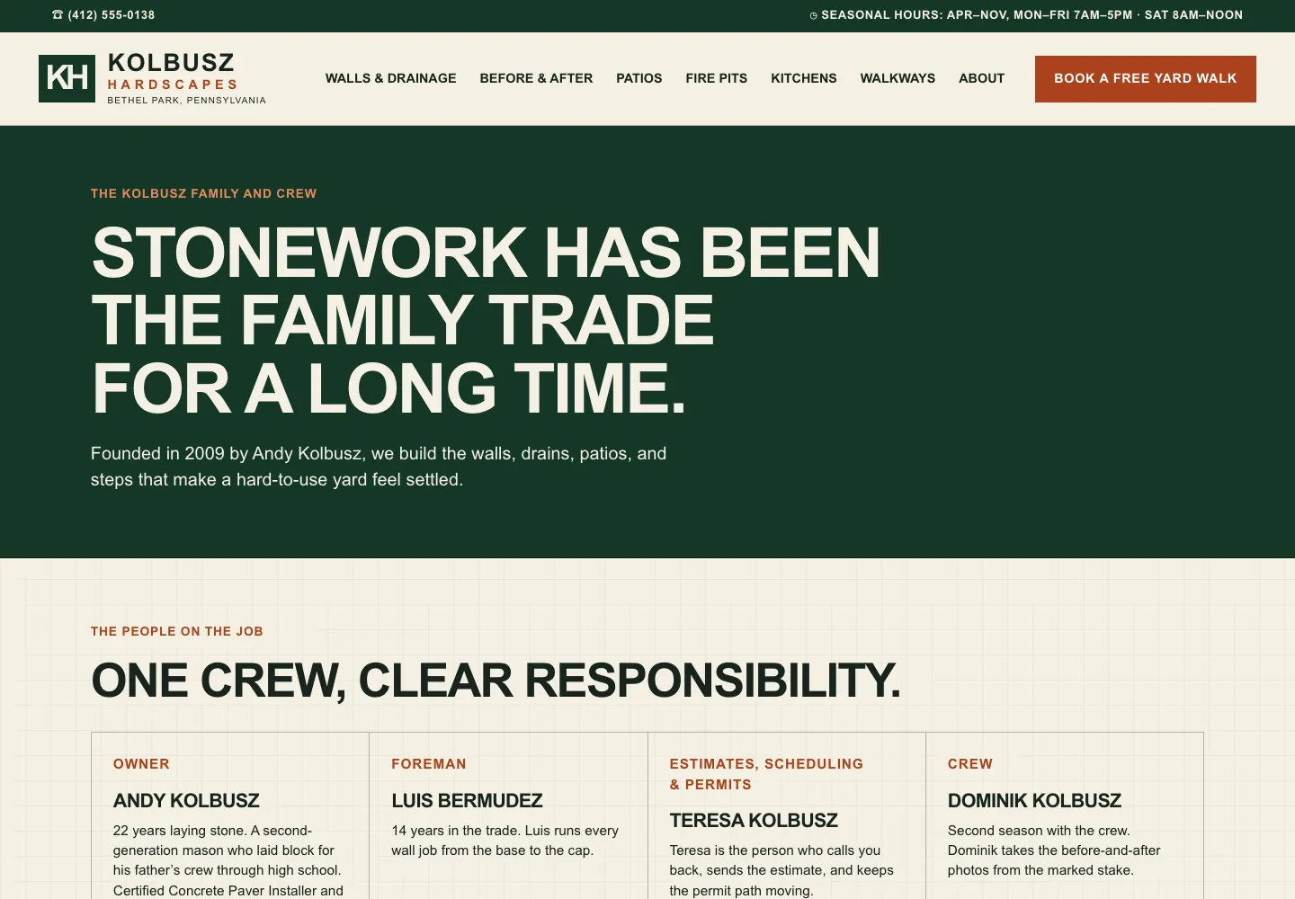 Crew page of Kolbusz Hardscapes, built by Theo