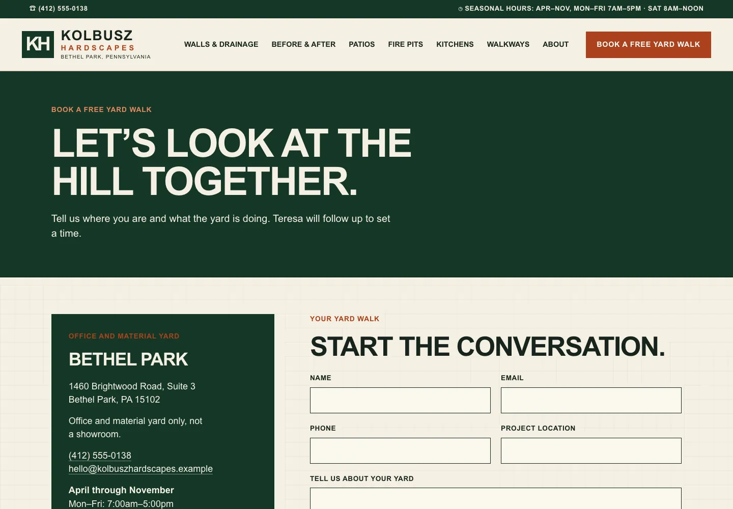 Kolbusz Hardscapes contact page, built by Theo: a Book a free yard walk button in the header, the office address, phone, email and April through November hours, and a request form asking for name, email, phone, project location and the yard
