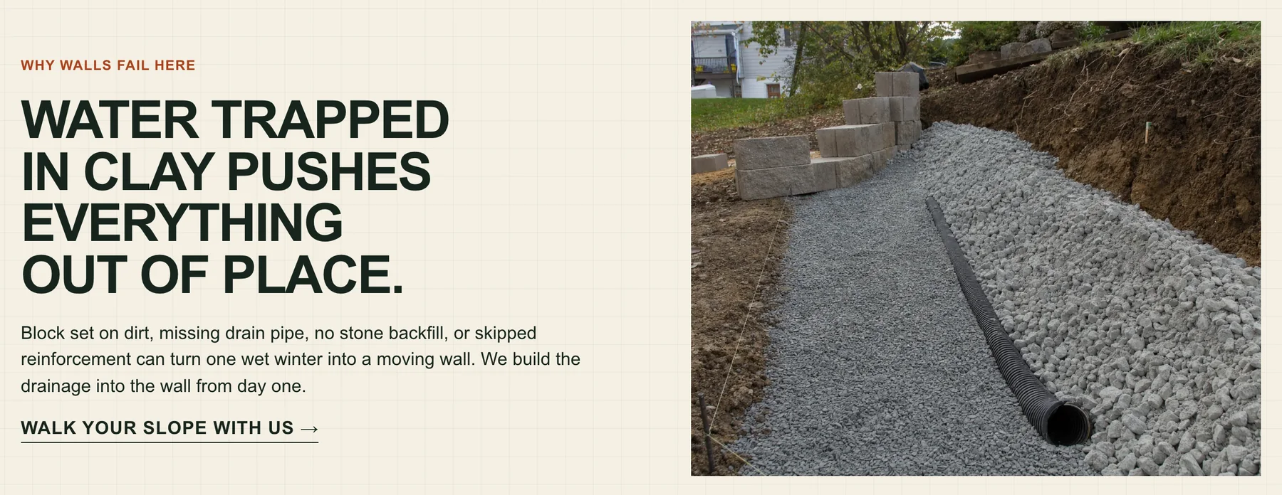Hardscape site built by Theo, section explaining that water trapped in clay pushes walls out of place, beside a photo of a drain pipe laid in gravel behind a block wall