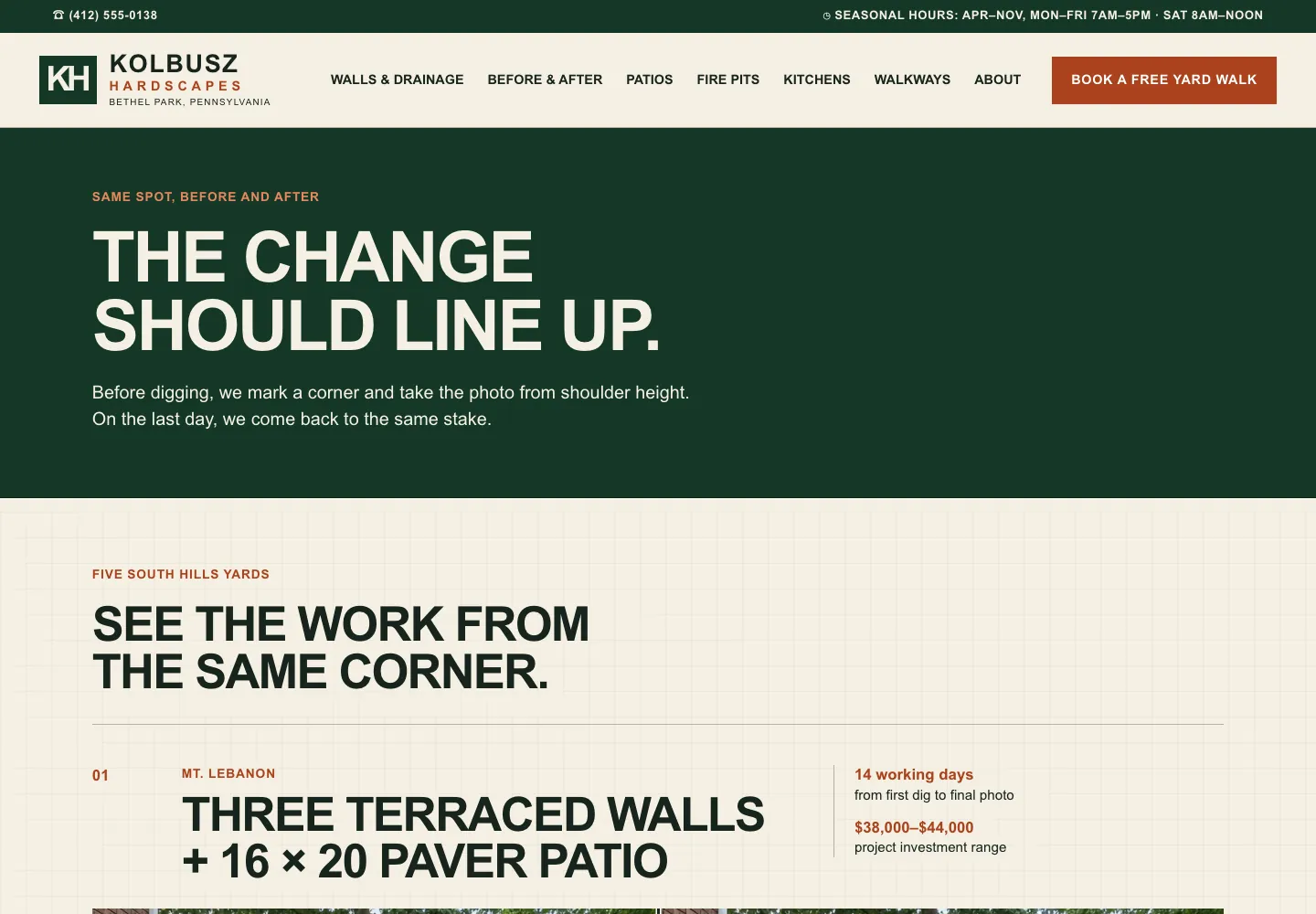 Before and after page of Kolbusz Hardscapes, built by Theo