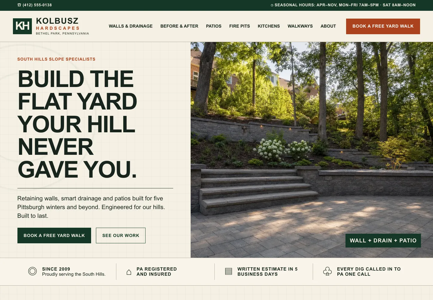 Kolbusz Hardscapes home page, built by Theo: the headline Build the flat yard your hill never gave you, a Book a free yard walk button, and stone steps and a retaining wall up a wooded slope