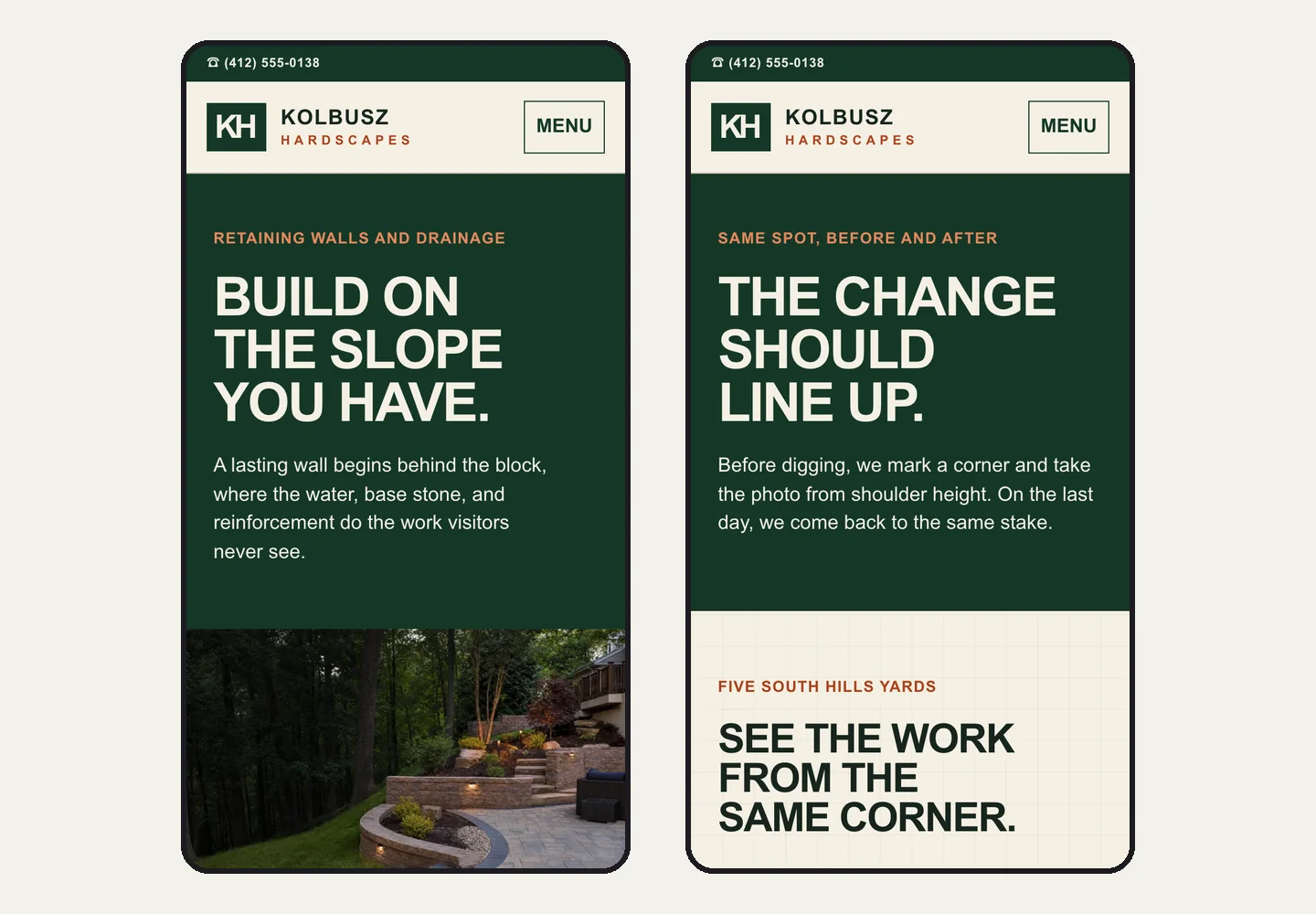 Kolbusz Hardscapes' retaining walls and drainage page and its before-and-after page on two phones, built by Theo