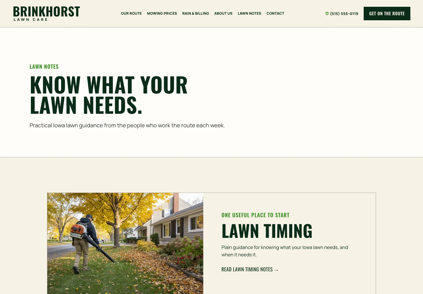 Brinkhorst Lawn Care's Lawn Notes page, built by Theo, with the headline Know what your lawn needs and a card for Lawn Timing