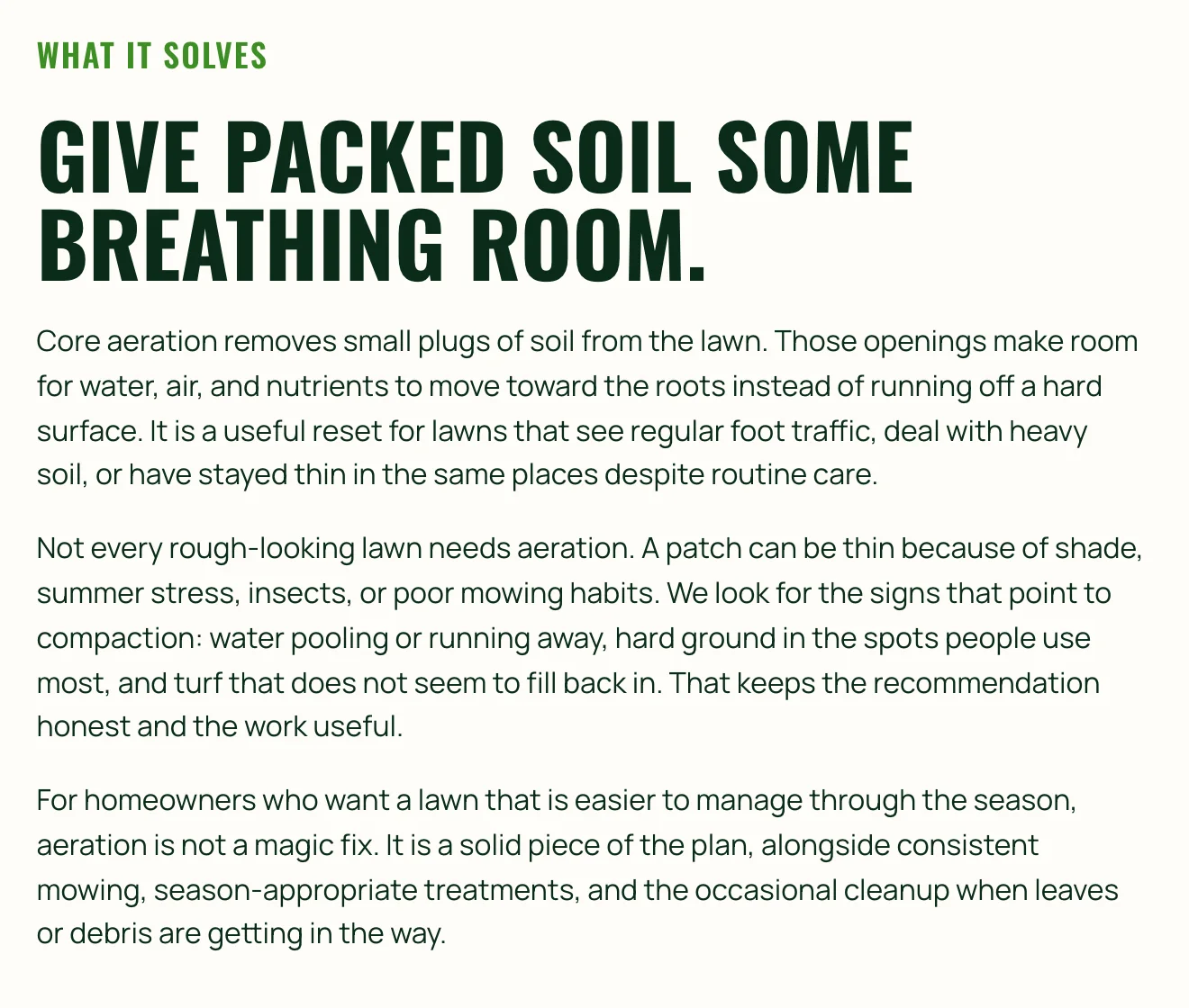 The What it solves section of the Core Aeration in Ankeny, IA page on Brinkhorst Lawn Care, built by Theo: the headline Give packed soil some breathing room, then three short paragraphs on how aeration lets water, air and nutrients reach the roots, the signs of compacted soil, and where aeration fits in a season of lawn care