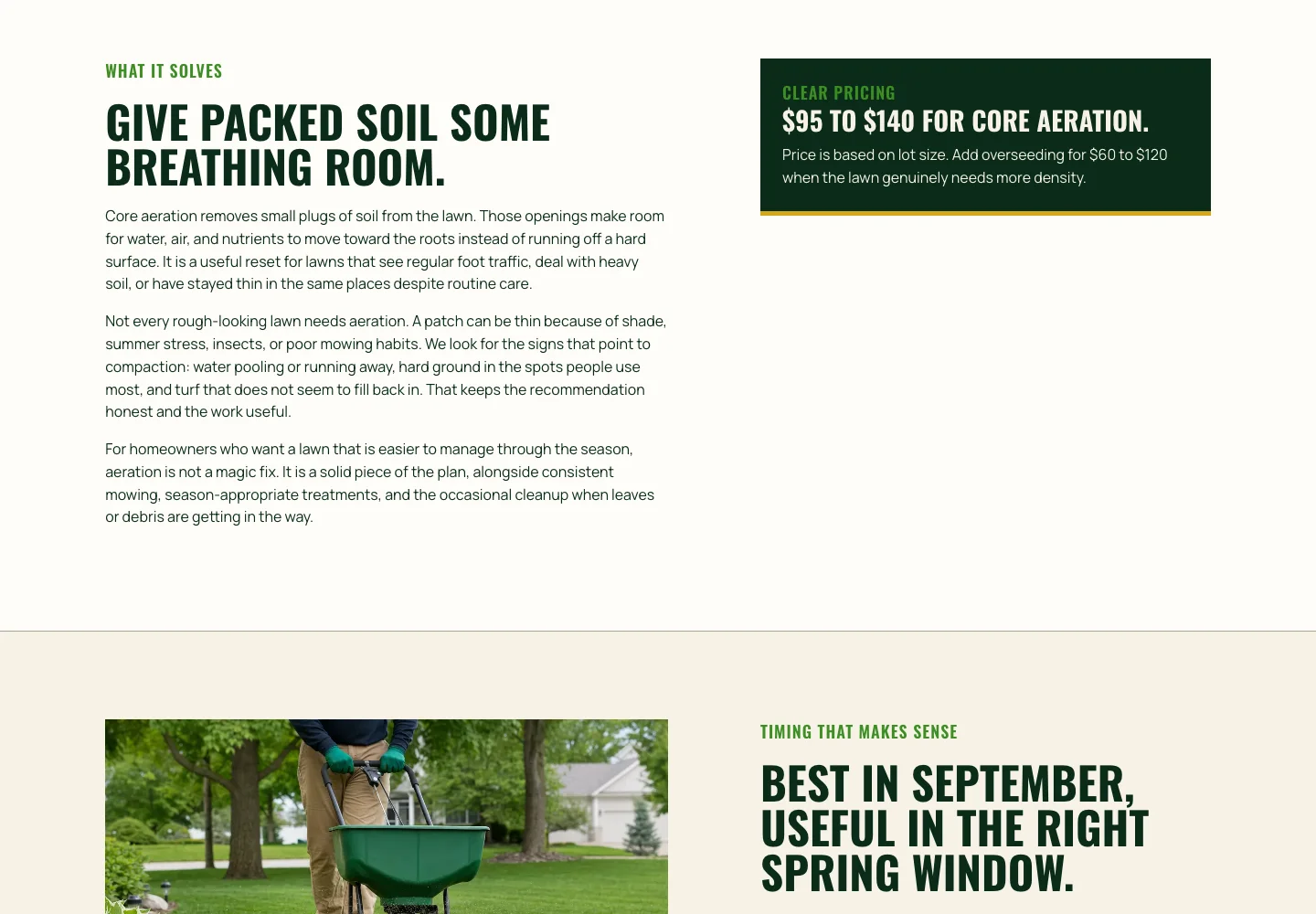 Brinkhorst Lawn Care's Core Aeration in Ankeny, IA page, built by Theo: the section Give packed soil some breathing room beside its price box, $95 to $140 for core aeration