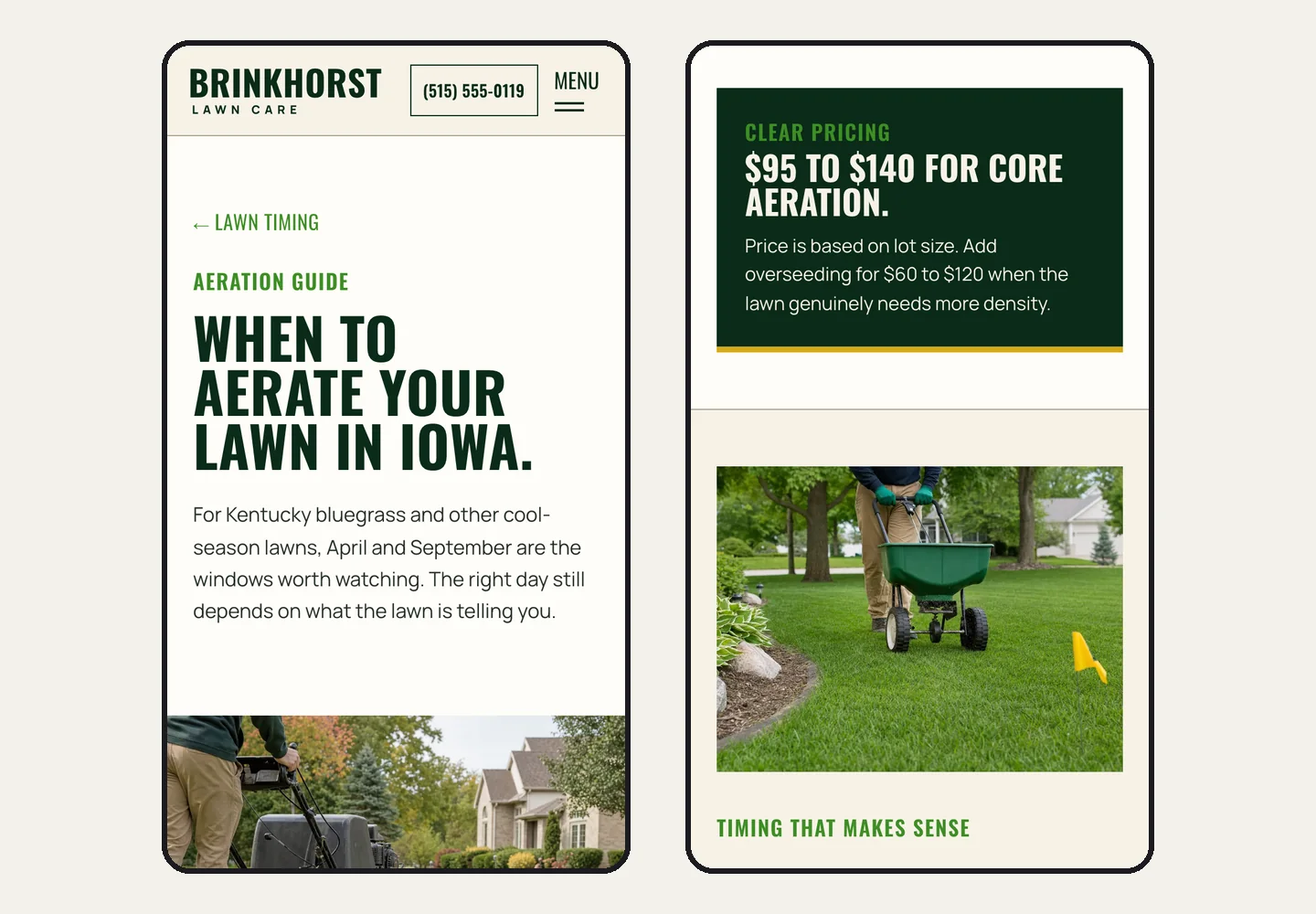 The aeration post on a phone, and the Core Aeration in Ankeny, IA page at its price box, written by the Growth Engine on Brinkhorst Lawn Care, built by Theo