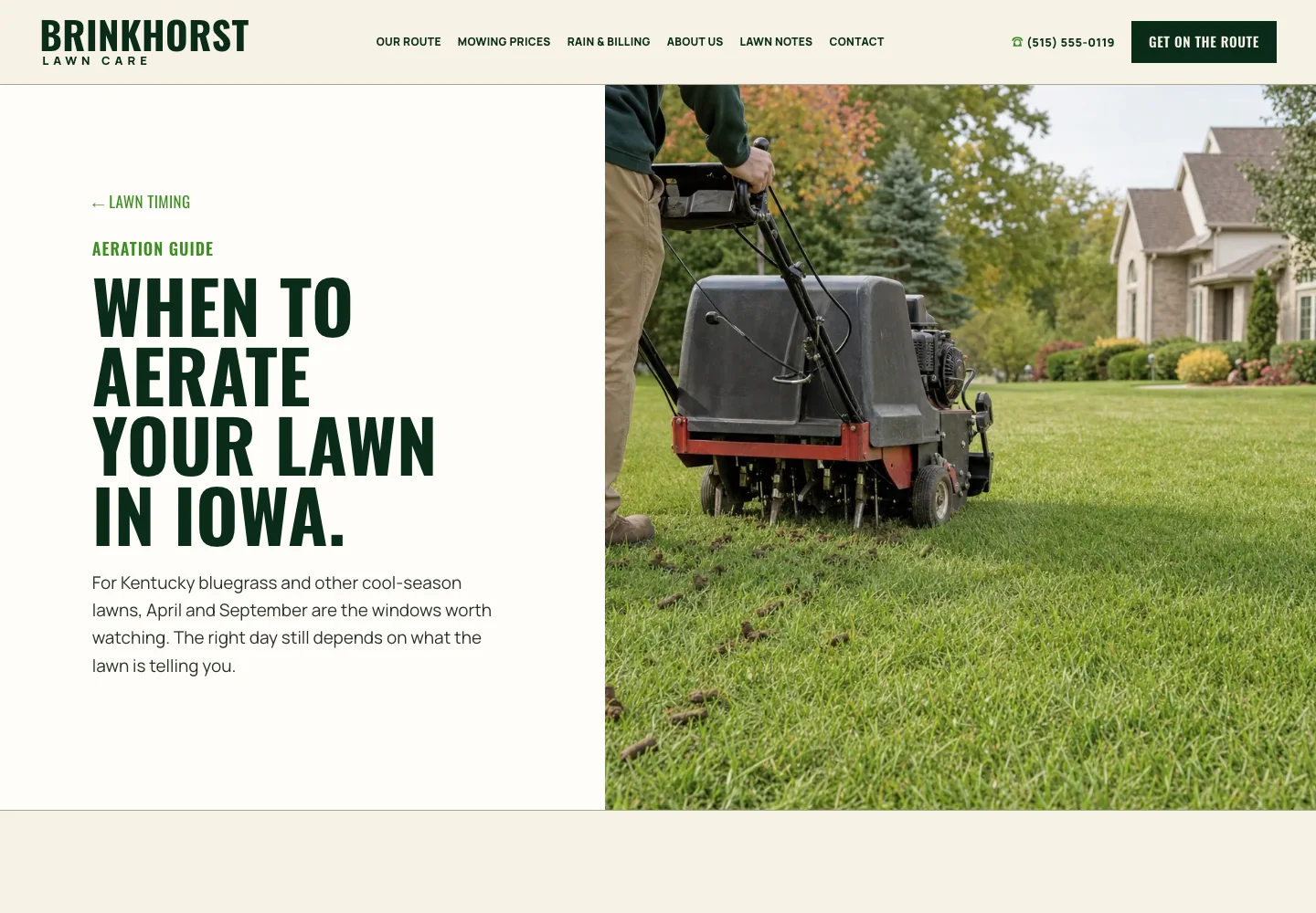 Brinkhorst Lawn Care's post When to Aerate Your Lawn in Iowa, built by Theo, with a core aerator on a lawn beside the headline