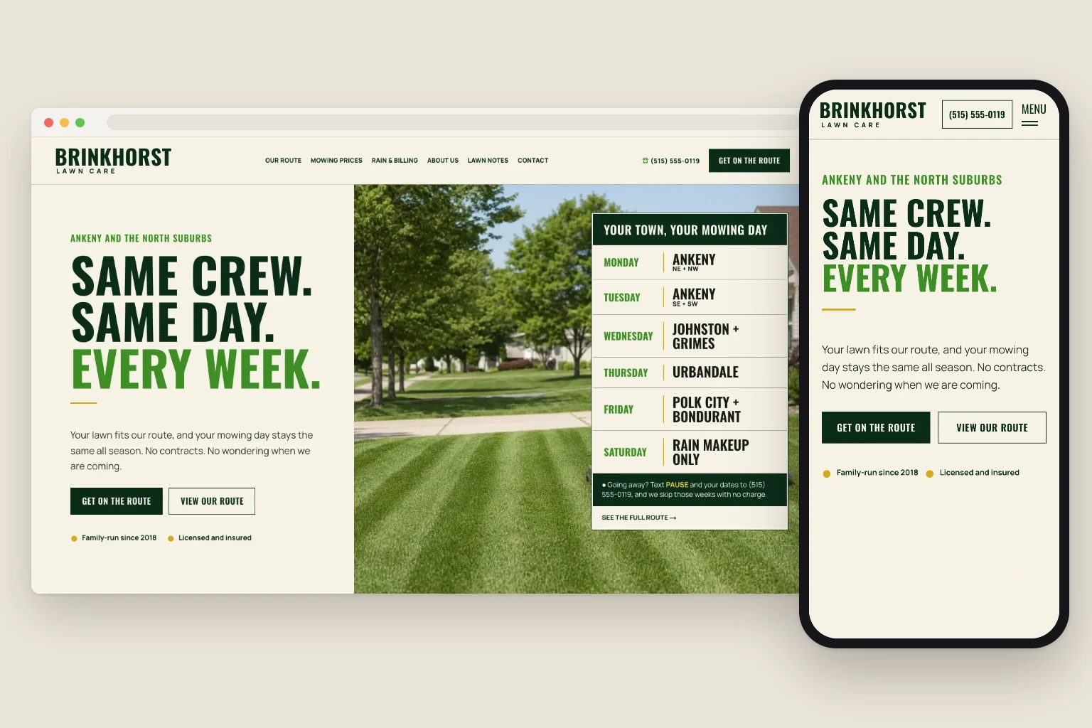 Brinkhorst Lawn Care home page on a computer and a phone, built by Theo