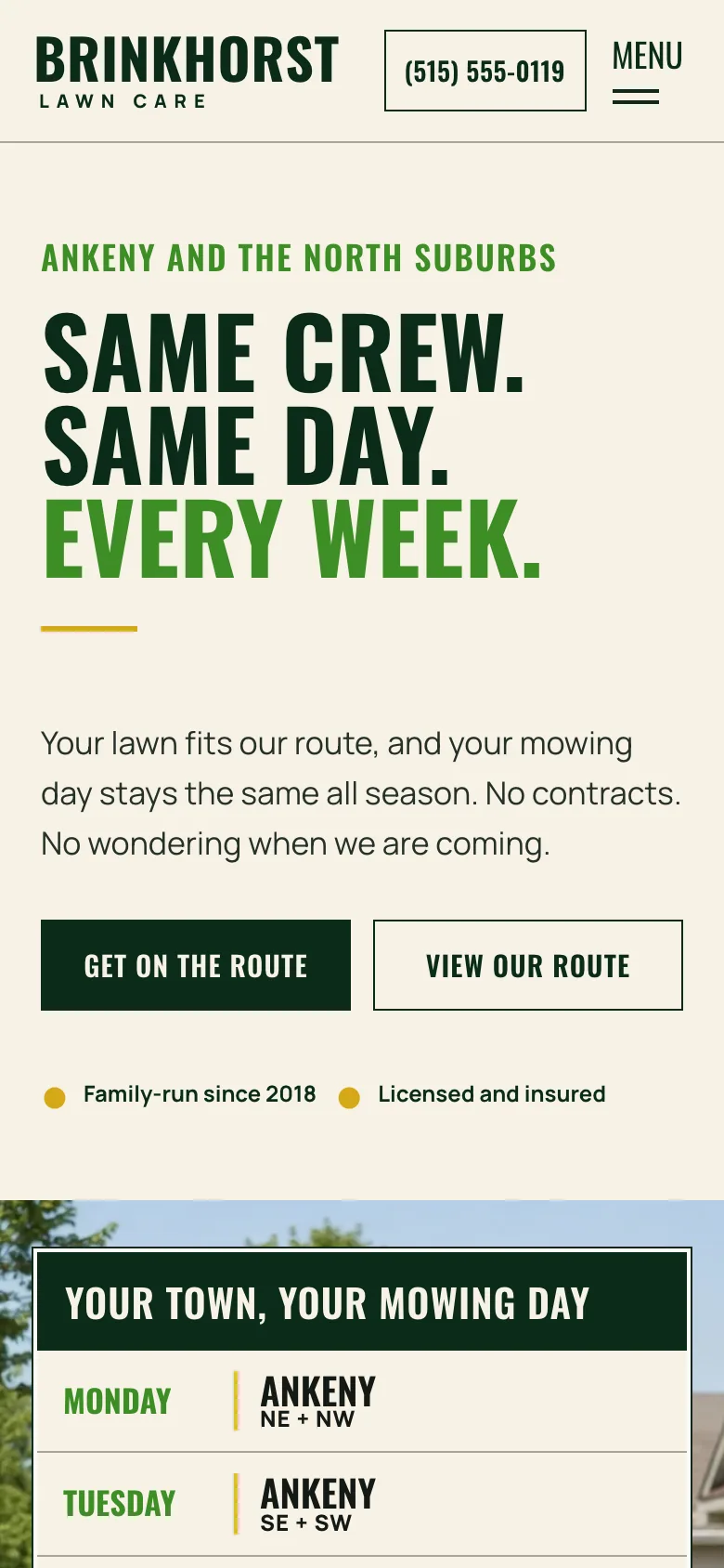 Brinkhorst Lawn Care home page on a phone, built by Theo