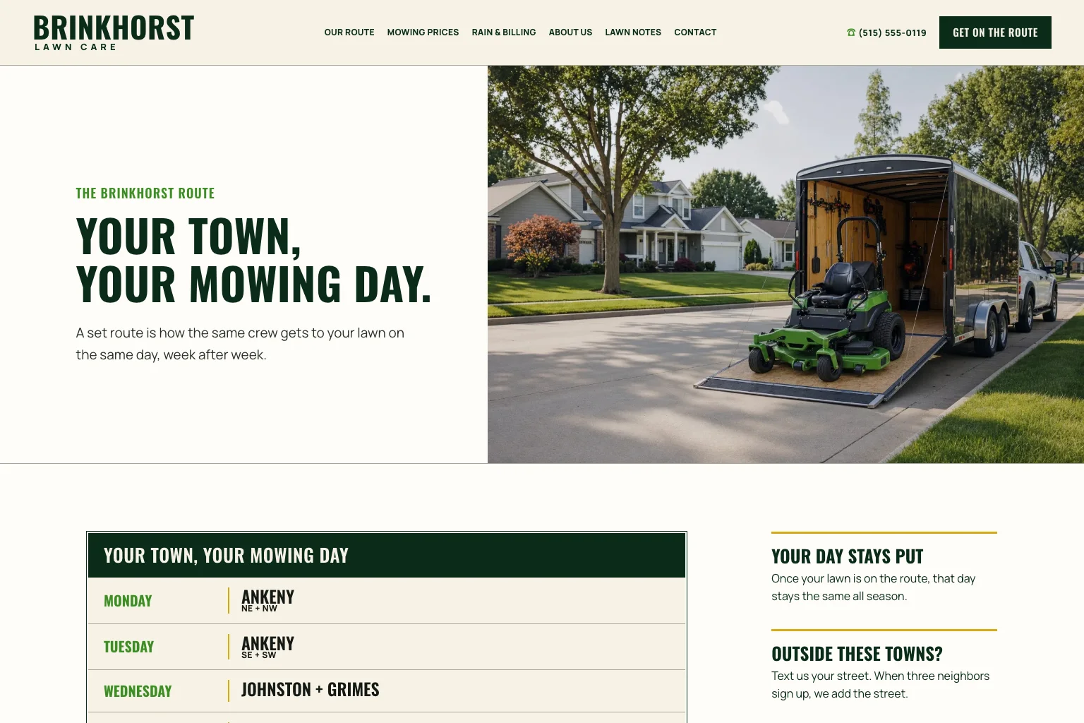 Mowing route page of Brinkhorst Lawn Care, built by Theo