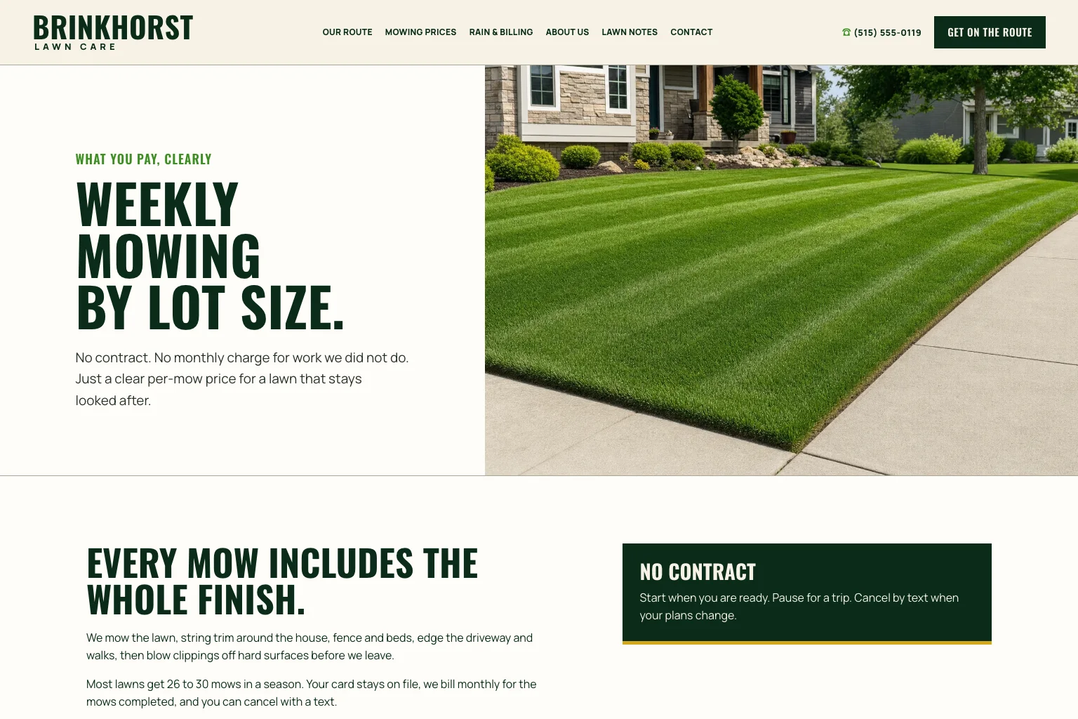Mowing prices page of Brinkhorst Lawn Care, built by Theo