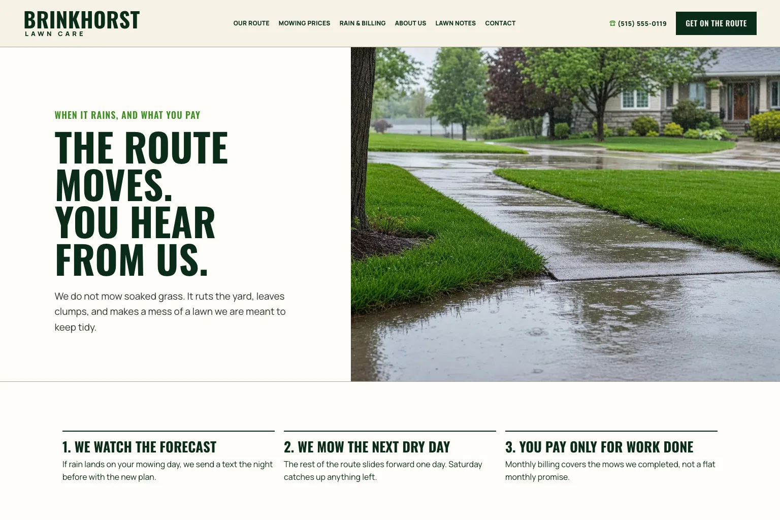 Rain and billing page of Brinkhorst Lawn Care, built by Theo
