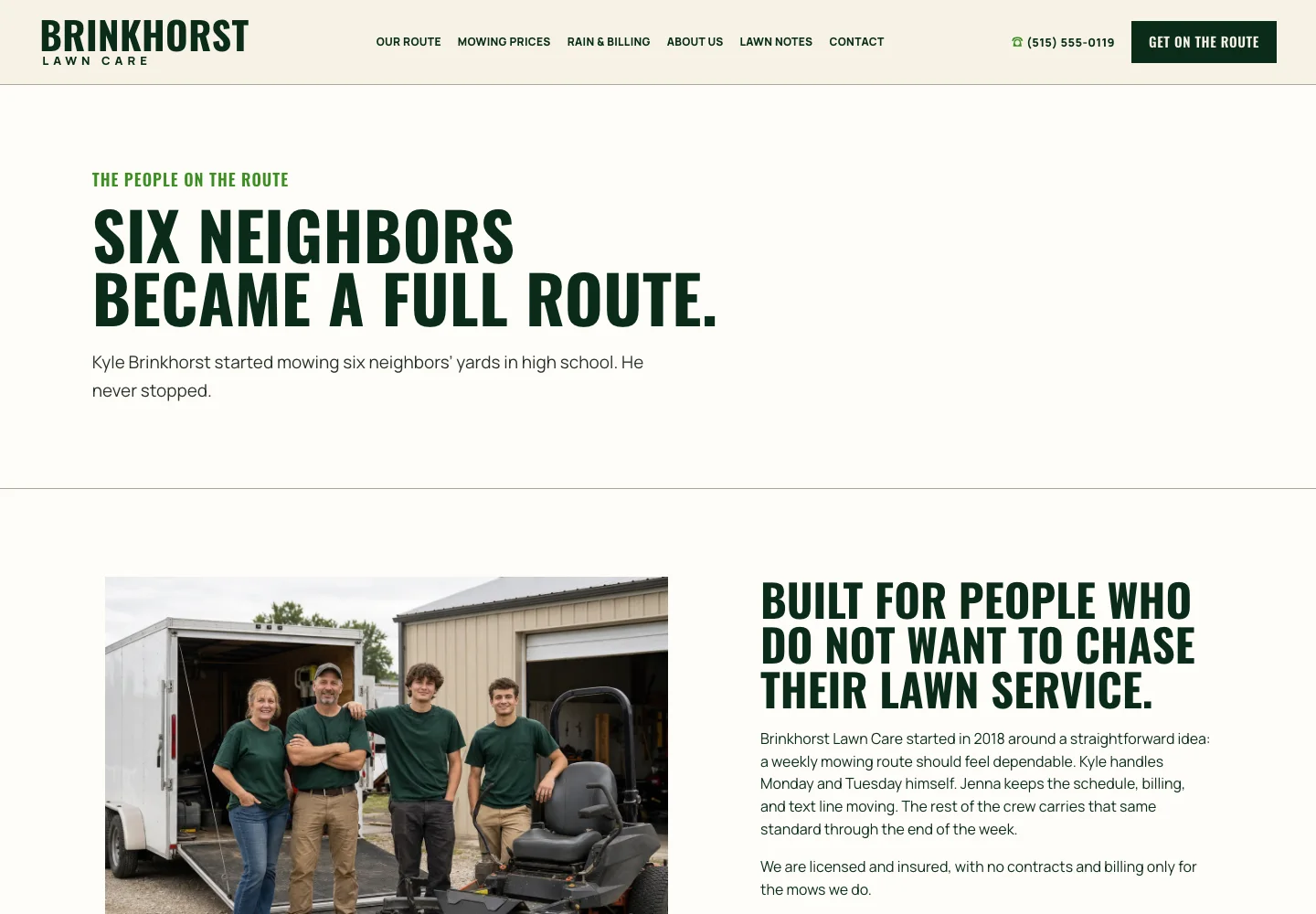 Brinkhorst Lawn Care About page, built by Theo: the headline Six neighbors became a full route and the four-person crew by their trailer