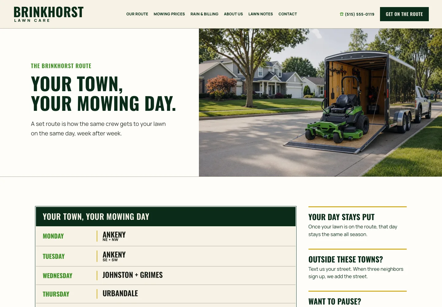 Mowing route page of Brinkhorst Lawn Care, built by Theo