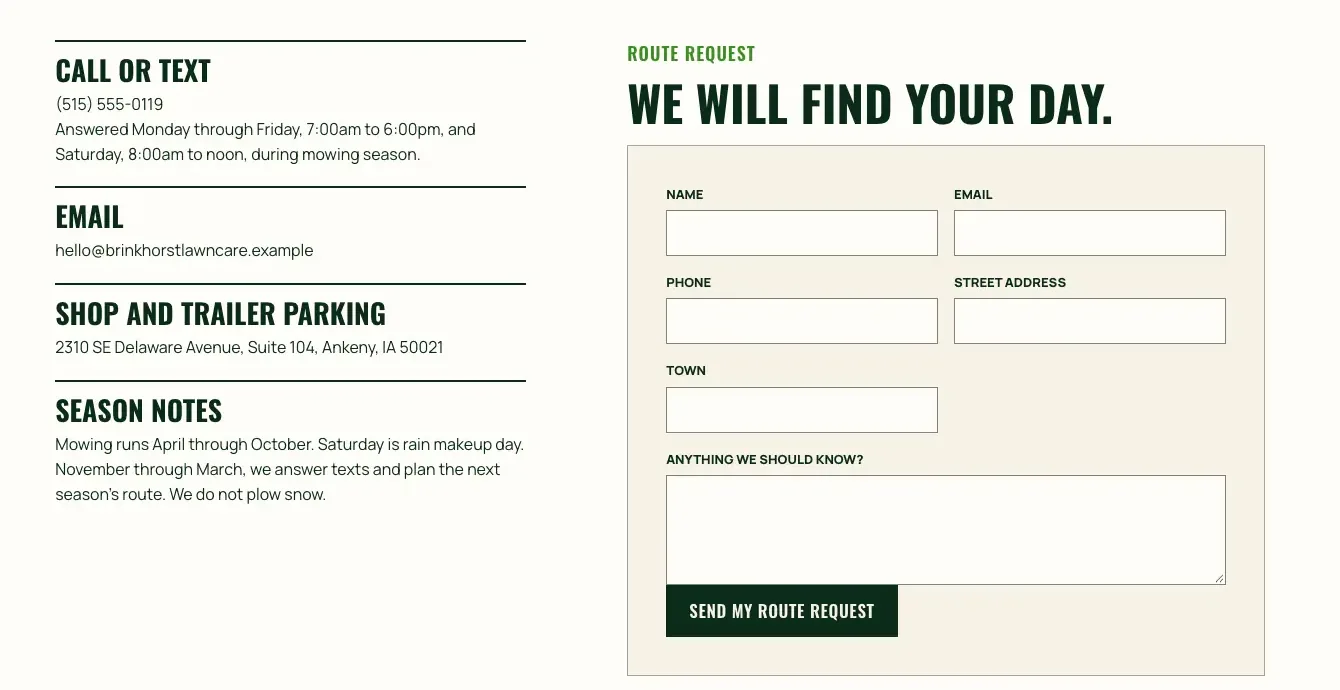 Brinkhorst Lawn Care contact page, built by Theo: call or text hours, the shop address and season notes ending 'We do not plow snow', beside the route request form
