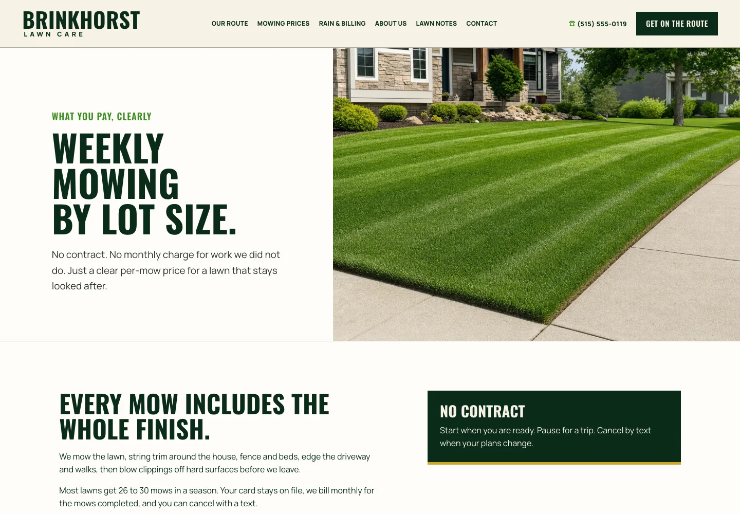 Mowing prices page of Brinkhorst Lawn Care, built by Theo