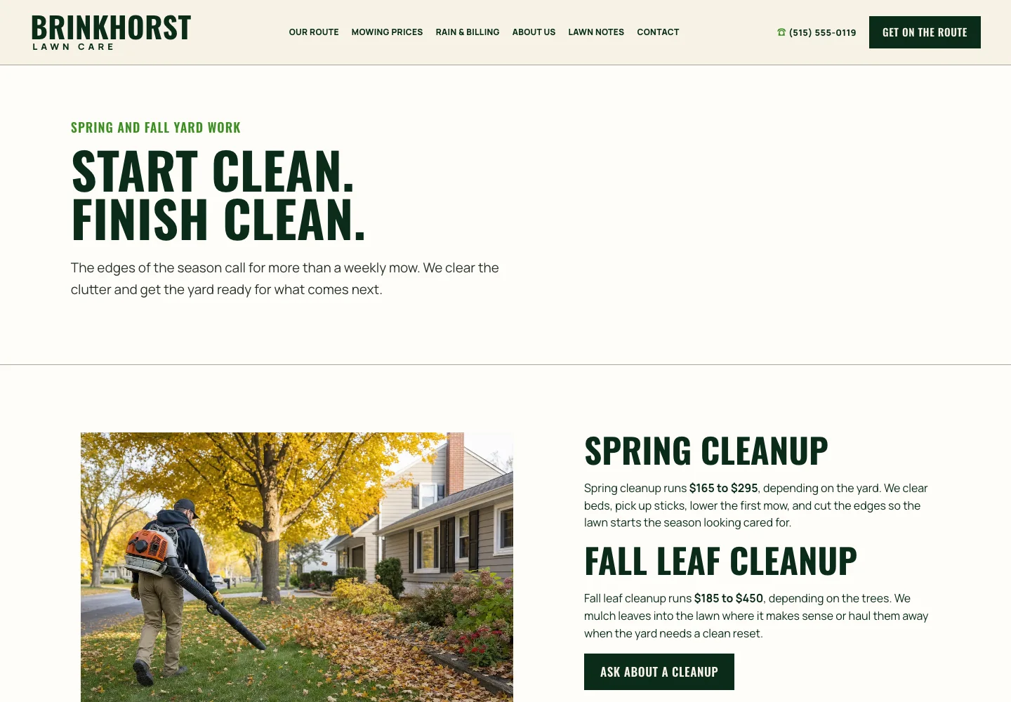 Cleanups page of Brinkhorst Lawn Care, built by Theo