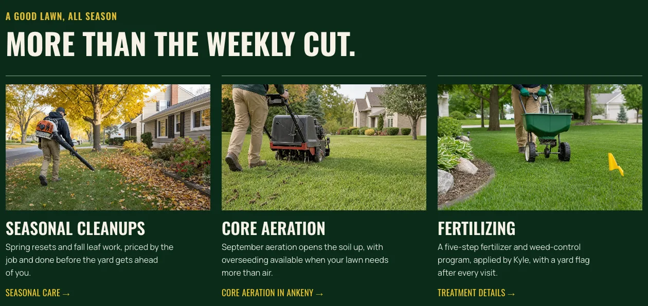 Brinkhorst Lawn Care home page section 'More than the weekly cut', built by Theo: cards for seasonal cleanups, core aeration and fertilizing, each with a photo and a link to its page
