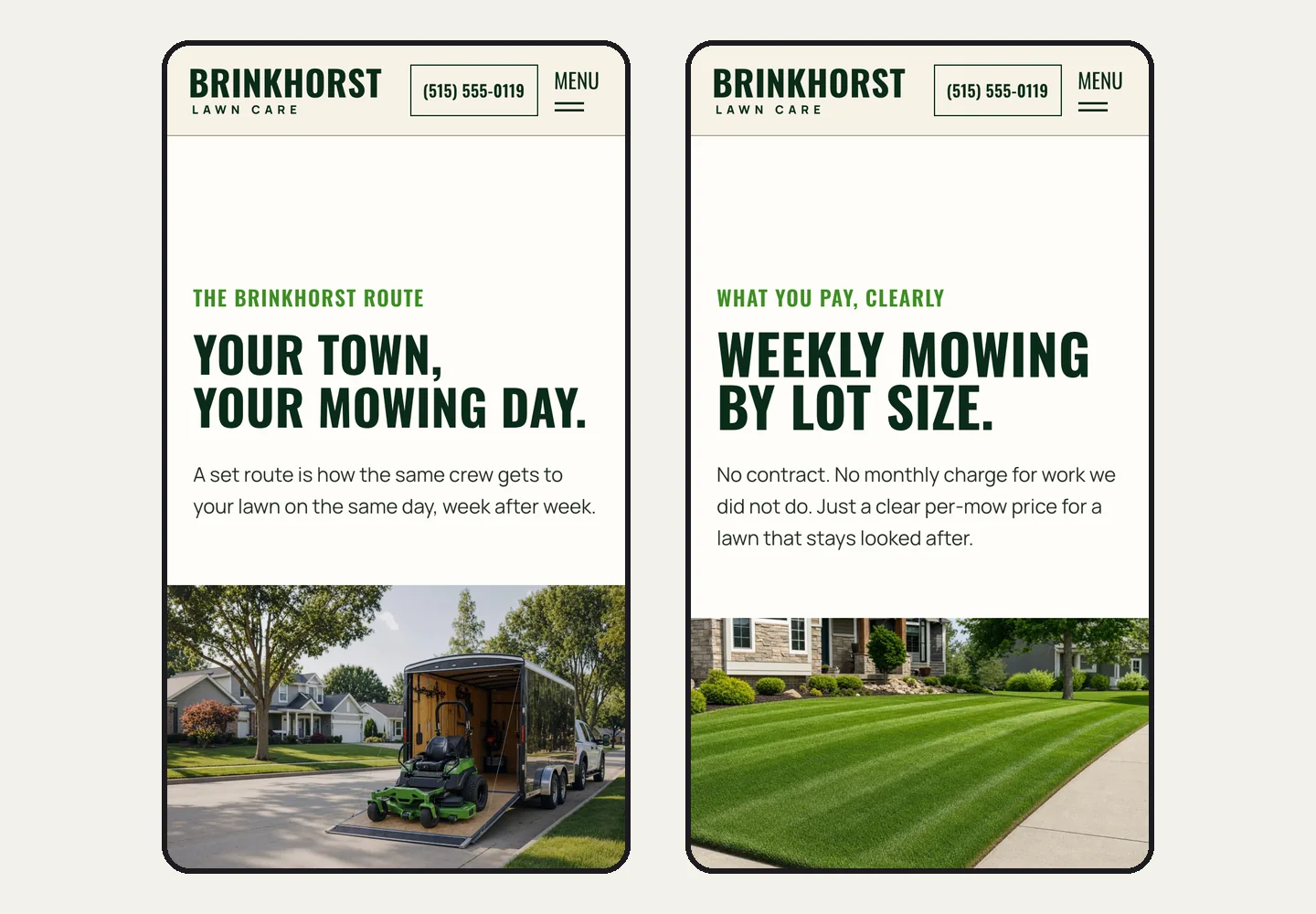 Brinkhorst Lawn Care's route page, Your town, your mowing day, and its prices page, Weekly mowing by lot size, on two phones, built by Theo