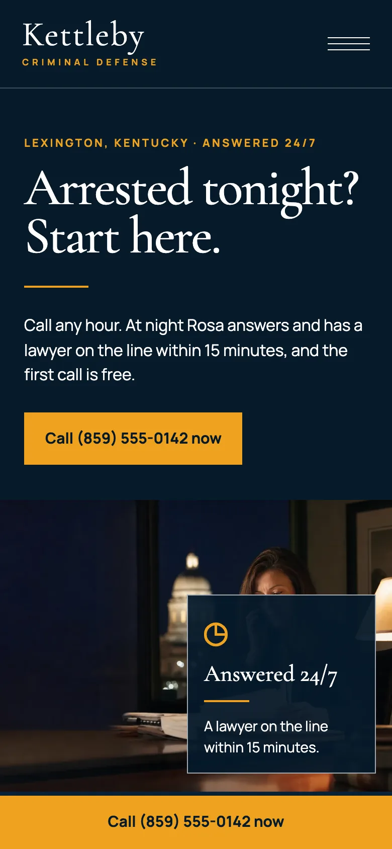 Kettleby Criminal Defense home page on a phone, built by Theo