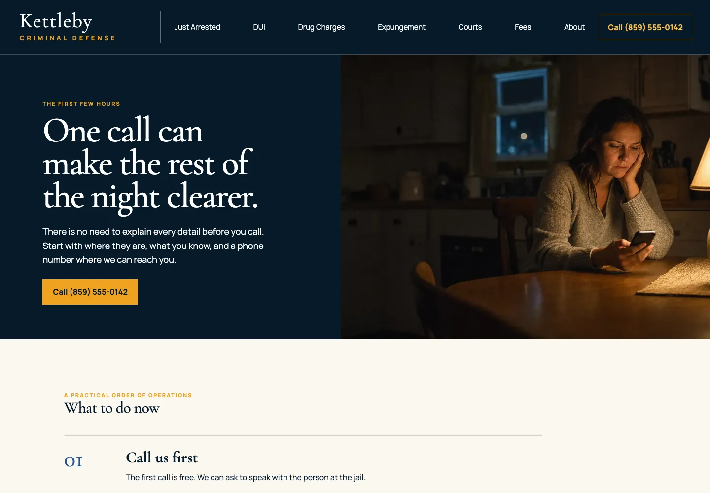 Kettleby Criminal Defense Just Arrested page, built by Theo: the headline One call can make the rest of the night clearer and a Call button with the phone number