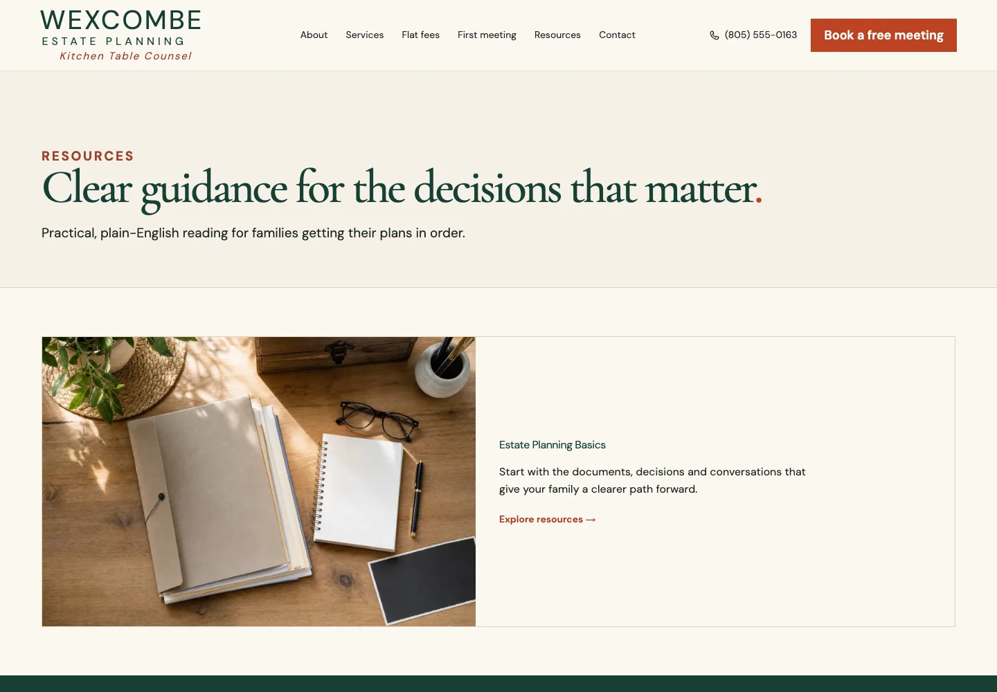 Wexcombe Estate Planning's Resources page with its one category, Estate Planning Basics, built by Theo