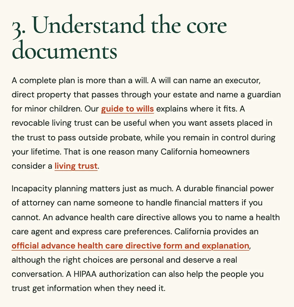 Step 3, Understand the core documents, from the Estate Planning Checklist post on the Wexcombe Estate Planning site, built by Theo: two paragraphs on a will, a revocable living trust, a durable financial power of attorney and an advance health care directive, with links to the firm's guide to wills, its living trust page and California's official directive form