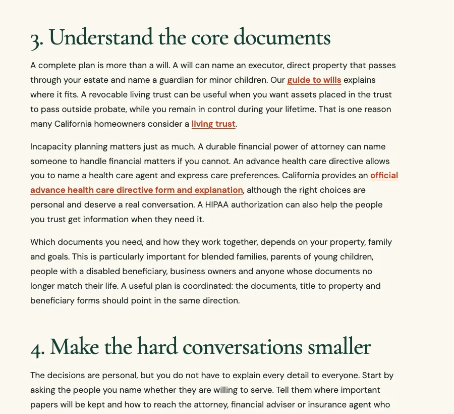 Step 3 of Wexcombe Estate Planning's Estate Planning Checklist post, Understand the core documents, with links to California's directive form, built by Theo