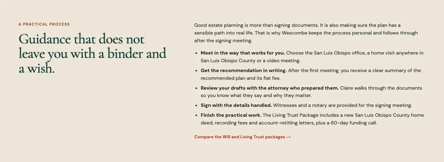 The process section of Wexcombe's San Luis Obispo page, written by Theo's Growth Engine: office, home or video meetings, the plan and flat fee in writing, witnesses and a notary, and a new county home deed in the living trust package