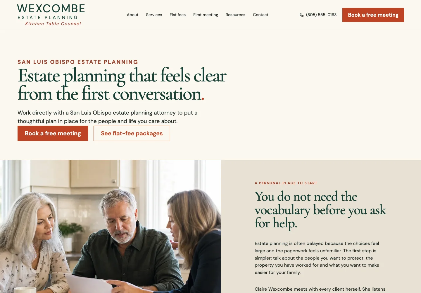 Wexcombe Estate Planning's San Luis Obispo estate planning page on a laptop, headed Estate planning that feels clear from the first conversation, built by Theo