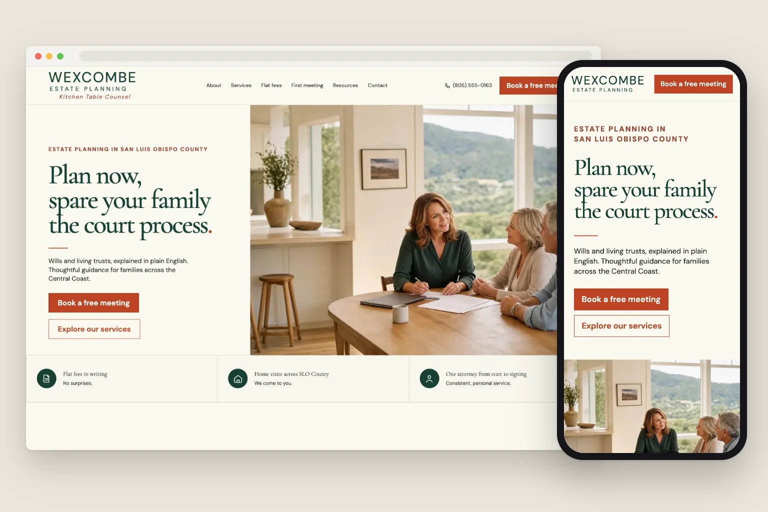 Wexcombe Estate Planning home page on a computer and a phone, built by Theo