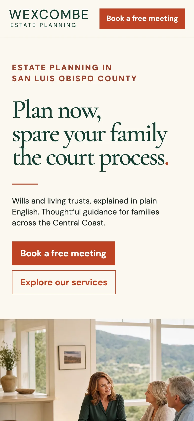 Wexcombe Estate Planning home page on a phone, built by Theo