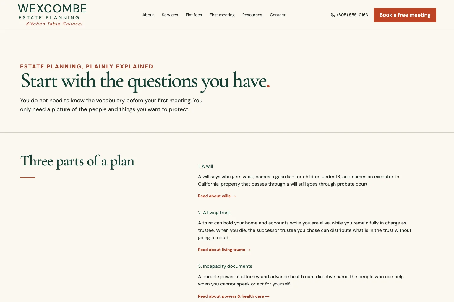 Start here page of Wexcombe Estate Planning, built by Theo