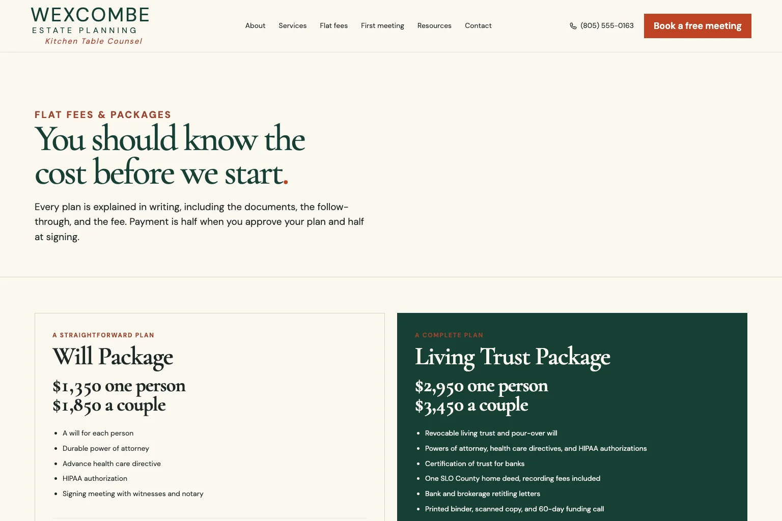 Flat fees page of Wexcombe Estate Planning, built by Theo