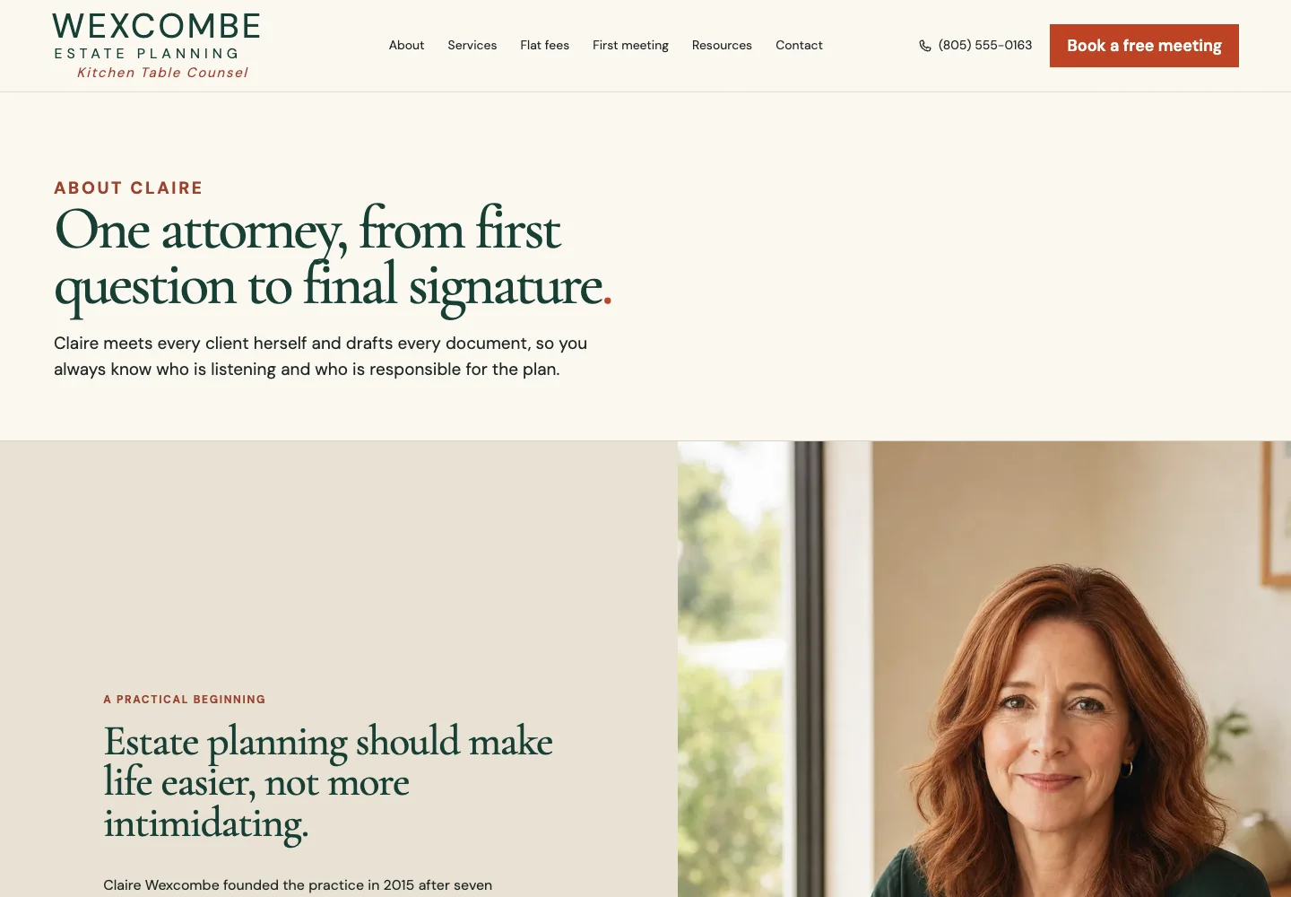 Wexcombe Estate Planning About Claire page, built by Theo: the headline One attorney, from first question to final signature, and her portrait