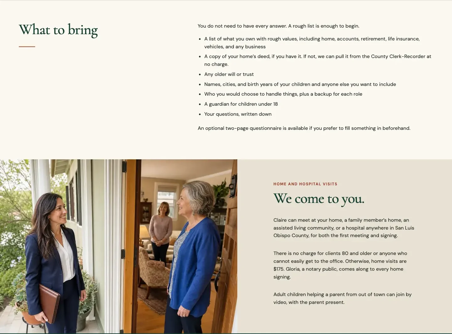 Wexcombe Estate Planning first meeting page, built by Theo: a What to bring list, then We come to you, on home and hospital visits anywhere in San Luis Obispo County